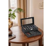 12-Slot Watch Box, Lockable Watch Case with Glass Lid, 2 Layers, with 1 Drawer for Rings, Bracelets, Gift Idea,