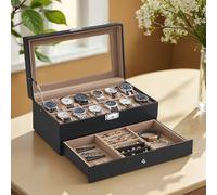 12-Slot Watch Box, Lockable Watch Case with Glass Lid, Drawer, Beige