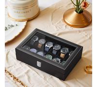 12-Slot Watch Box, Lockable Watch Case with Glass Lid, Drawer, Black