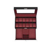12-Slot Watch Box, Lockable Watch Case with Glass Lid, Drawer, Black + Wine Red