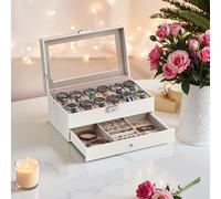 12-Slot Watch Box, Lockable Watch Case with Glass Lid, Drawer, Cloud White + Cappuccino Beige