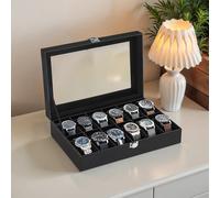 12-Slot Watch Box Organizer with Large Glass Lid, Removable Watch Pillows, Black