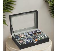 12-Slot Watch Box Organizer with Large Glass Lid, Removable Watch Pillows, Black + Grey