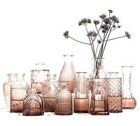 12 Small Glass Flower Vase for Wedding Centrepiece Table Decorations, Pink Clear Crystal Vintage Embossed Bud Mini Flowers Vases in for Party or Home Living Room Dining Bedroom Decor Aesthetic