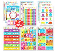 12 Spanish Educational Posters, Bilingual Learning Chart for Prek, Kindergarten & 1st Grade Kids, Homeschool Classroom Decorations - Alphabet, Colors, Numbers, Months of the Year, Days of the Week