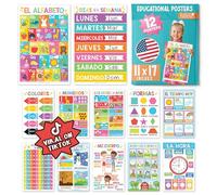 12 Spanish Educational Posters, Bilingual Learning Chart for Prek, Kindergarten & 1st Grade Kids, Homeschool Classroom Decorations - Alphabet, Colors, Numbers, Months of the Year, Days of the Week