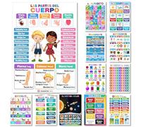 12 Spanish English Bilingual Educational Posters Water Proof Learning Chart for Preschool, Kindergarten, 1st Grade, Classroom Decoration, Alpabet, Alfabeto, Numbers, Seasons, Colors, Month of the