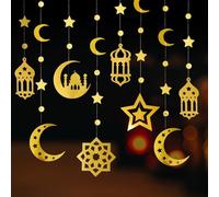 12 Strands Gold Ramadan Garland Eid Decorations Ramadan Mubarak Hanging Streamers Star Moon Ramadan Hanging Decorations for Home Wall Decor Eid Mubarak Party Supplies