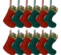 12 Stück Mini-Strick-Weihnachtsstrümpfe, 15.2 cm, gestrickte Weihnachtsstrümpfe, Familienstrümpfe, Urlaub, hängende Strümpfe, Dekorationen für Kamin, Baumdekoration (Burgunderrot und grün)