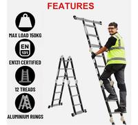 12-Tread Heavy Duty Combination Ladder with Non-Slip Step, Steel Frame & Aluminum Rungs, 150kg Maximum Load Capacity for Industrial and Home Use