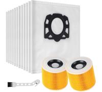 12 Vacuum Cleaner Bags and 2 Filters, with 1 Brush for Kärcher WD3 WD3 P | WD2 WD 2 Plus MV2-3 KWD 1-3 SE 4001-4002, Spare Parts 2.863-314.0 (KFI 357 Bag) and 6.414-552.0 (KFI 3310 Filter)