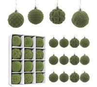 12 Velvet Christmas Balls, Flocked Xmas Tree Ornaments, Shatterproof Bulk Christmas Decorations Set (Light Green)
