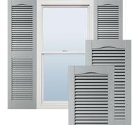 12"W x 36"H Lifetime Vinyl, Standard Cathedral Top Center Mullion, Open Louver Shutters, w/Installation Shutter-Lok's & Matching Screws (Per Pair), Platinum