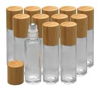 12 x 10 ml Glass Roll On Bottle with Bamboo Lid for Essential Oils, Creatiee Eco-friendly Refillable Clear Perfume Sample Bottles with Stainless Steel Roller Ball - Portable & Practical