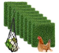 12 X 12 in Chicken Coop Grass Mats 8 Pack, Reusable Nest Pads with Hanging Feed Bag, Washable Artificial Green Rugs for Indoor Outdoor Nesting Boxes