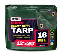 12' x 20' Green Heavy Duty Tarp with Grommets Reinforced - 16 Mil Thick - Double Sided Plastic Tarps Waterproof - Large Tarpaulin Cover for Outdoor Camping Over/Under Tent Tarp RV Roof Rain - Zebro