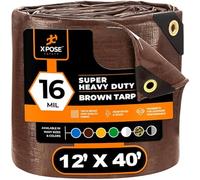 12' x 40' Super Heavy Duty 16 Mil Brown Poly Tarp Cover - Thick Waterproof, UV Resistant, Rip and Tear Proof Tarpaulin with Grommets and Reinforced Edges - by Xpose Safety