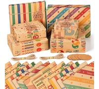 12 x Birthday Wrapping Paper Sheets - Recycled Kraft Birthday Gift Wrap Set with Tags Strings for Female Women Men Girls Boys Kids