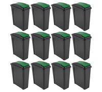 12 x Green Lid 25L Slimline Recycling Bins Food Waste Rubbish Storage Summer UK