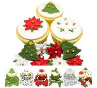 12 X Mixed Christmas Cake Decorations Edible - Christmas Cupcake Toppers Edible ** 11 STYLES TO CHOOSE FROM** (12 x mixed poinsettia & trees)