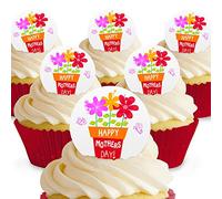 12 x PRE-CUT Edible 'Happy Mothers Day' Cute Flowers Cake Toppers/Decorations