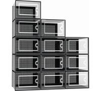 Thrink 12 X Shoe Storage Boxes - Clear Transparent Shoe Organizer - For Effortless Stacking - With Rear Ventilation Holes - Easy Assembly - Sturdy & Durable - Space Saving - Black Door Frame