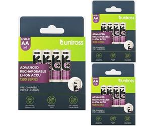 12 x UNIROSS AA 1500mAh Lithium USB-C Rechargeable Batteries Li-ion Pre Charged