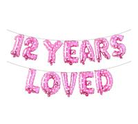 12 Year Loved Balloon Banner, Multicolor Glitter Happy 12th Birthday Party Decorations, Supplies (12 YEARS LOVED Pink Heart)