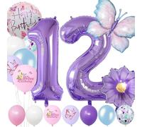 12 Year Set Number Foil Balloon - 22 PCS Blue Purple Birthday Decoration With Butterfly Flower for Girls Boys Party
