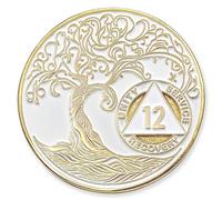 12 Year Sobriety Mint Twisted Tree of Life Gold Plated AA/NA Recovery Medallion/Chip/Token - White