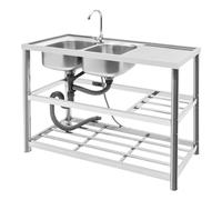 120 cm Left Double Sink Stainless Steel Sink, 3 Levels Commercial Sink with Single Tap, for Restaurant, Hotel, Private Kitchen, High Quality 304 Stainless Steel