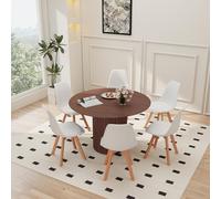 120 cm Round Dining Table with 6 Chairs Set Wooden Kitchen Table Top Plastic Back Dining Chairs Seating for 4 6 People Dark Brown & White h