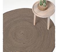 HOMESCAPES Linen and Black Handwoven Braided Spiral Rug 120cm Round Pattern Large Cotton Rug