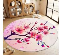 120 cm Round Rug, Machine Washable Floral Japanese Cherry Blossom Watercolor Circle Kids Room Carpet Faux Wool Low-Pile Circular Throw Rugs for Entryway/Bedroom/Nursery/Bathroom