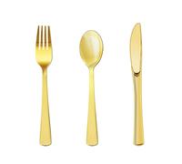 120 Gold Plastic Cutlery Set - 40 Reusable Knives, Forks & Spoons - Hand Washable & Heavy Duty Tableware for Weddings, Birthday, Parties & Events