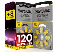 120 Hearing Aid Batteries Size 10 Rayovac Extra + 8 Udivita | 15+1 Blisters of 8 Batteries