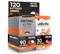 120 Hearing Aid Batteries Size 13 (Orange) PR48 Zinc-Air with Phono Pulse Technology - 120 Batteries: 90 Rayovac + 30 Udivita