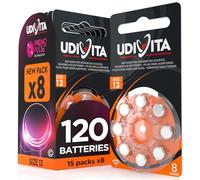 120 Hearing Aid Batteries Size 13 Udivita (Orange) PR48 Zinc-Air with Phono Pulse Technology - 15 Blisters of 8 Batteries