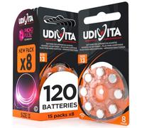120 Hearing Aid Batteries Size 13 Udivita PR48 (Orange) Phono Pulse Technology - 15 Blisters of 8 Batteries