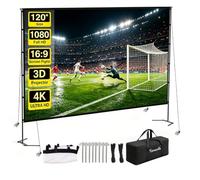 120" Outdoor Projector Screen with Stand - 4K, 16:9, Freestanding | Freestanding metal stand, includes stakes & ropes. Wrinkle-free 4K matte PVC, 160° view. Fits car boot for garden cinema.