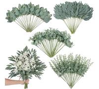 120 Pcs 4 Kinds Mixed Artificial Eucalyptus Leaves Stems Bulk Fake Silver Dollar Eucalyptus Bundle Faux Plants Greenery for DIY Bouquets Floral Arrangement Wedding Engagement Party Decor (Green)