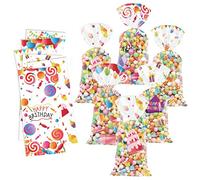 120 Pcs Birthday Party Favor Candy Bags,Transparent Printed Plastic Candy Bags with Cake, Balloon, Crown, Lollipop, ice cream,and Hat Designs, Ideal for Birthday Celebrations, and Festive Goodie Bags