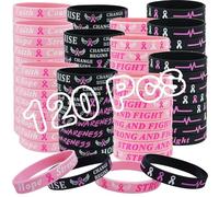 120 Pcs Breast Cancer Awareness Bracelets Bulk Items Hope Faith Strength Courage Fight Silicone Wristbands Women Pink Ribbon Breast Cancer Awareness Month Favors Fundraiser Survivors Gifts (4 Designs)