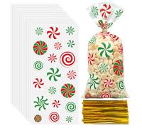 120 PCS Christmas Cellophane Treat Bags 5 x 10.6 Inch Christmas Red Green Candy Clear Plastic Bag Peppermint Candy Theme Cello Goodie Bags with Twist Ties for Xmas Holiday Party Supplies