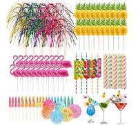 120 Pcs Cocktail Accessories, with Reusable Cocktail Umbrellas, Straws, Flamingo/Pineapple/Sparkler Sticks for Drink, Ideal for Sticks for Beach, Birthday, Music Festival, Summer Party Decorations