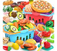 120 Pcs Cutting Play Food Toy for Multiple Kids with 2 Colors Storage Baskets, Kitchen Pretend Food Set for Toddler, Kitchen Toys Accessories, Fake Food/Fruit/Vegetable, Birthday Gifts for Boy Girl