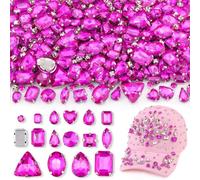 120 PCS Fuchsia Bedazzling Sew on Rhinestones, Mixed Shape Charms Claw Flatback Glass Rhinestone with Metal Base for Crafting, Large Gems for Clothes Shoes Hats Collars Bags & Sewing Accessories