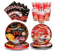 120 PCS Hibachi Party Decorations Tableware Set, Disposable Paper Plates Napkins Forks and Cups for Hibachi Japanese Party Decorations and Supplies, Serve 24