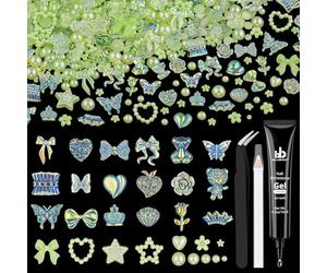 120 Pcs Kawaii 3D Nail Charms with Nail Charm Glue Set(UV Needed), Over 300 PCS Charms with Butterfly Bow Star Heart Bear 3D Flower and Pearls in Total with Tools for Nail Art(Green)
