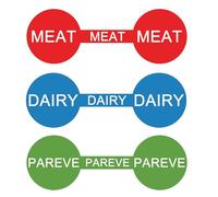120 Pcs Kosher Labels Meat Dairy Parve Stickers 4.5 x 1.5 inch Blue Dairy Red Meat Green Pareve Stickers Freezable Microwavable Dishwasher Labels for Kosher Kitchen Use (Anti tampering Shape)